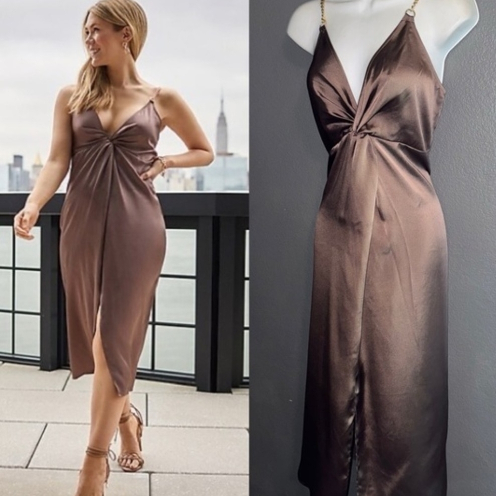 Express Satin Slip Dress in Mauve Taupe with Chain Straps Midi